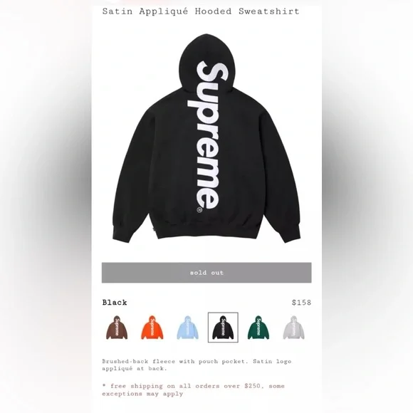 【SUPREME】SATIN APPLIQUE HOODED SWEATSHIRT BLACK 24FW FW24 Supreme Satin Appliqué Hooded Sweatshirt Black Cotton